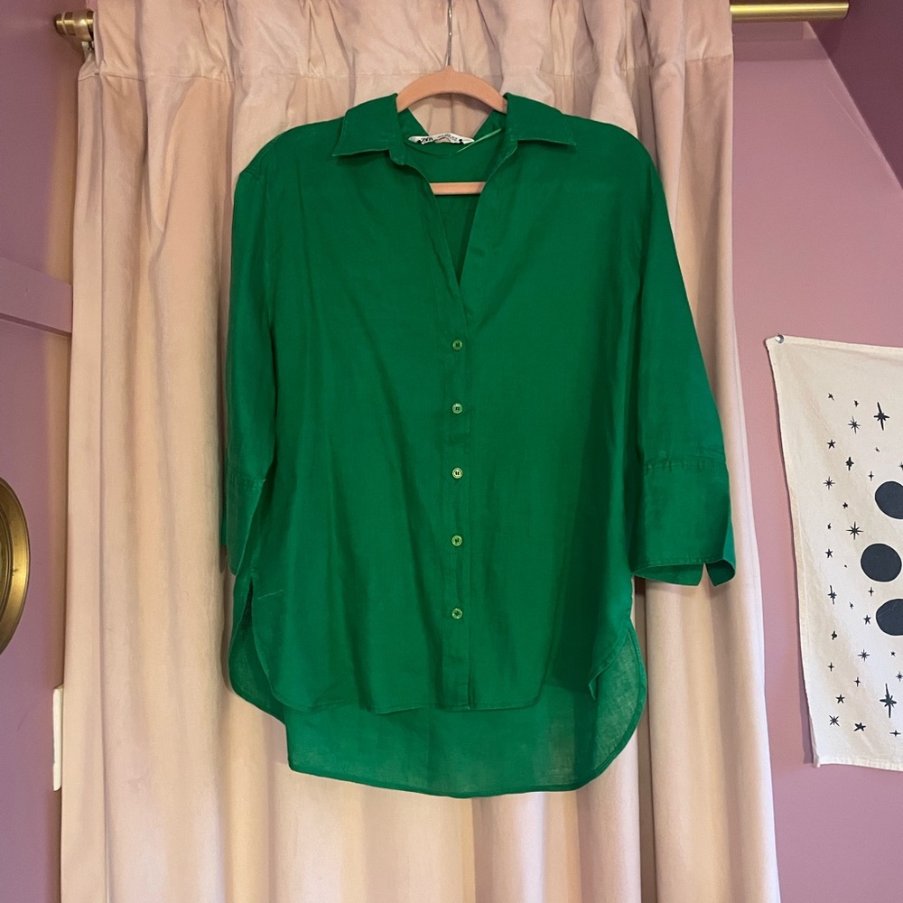 Zara Wide Sleeve Linen Shirt in Kelly Green
